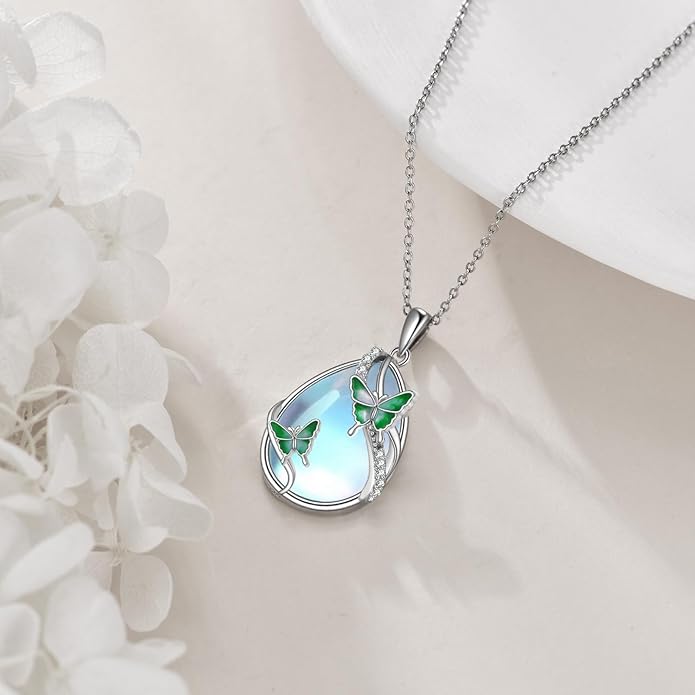 KQF Dragonfly/Butterlfy/Cat/Jellyfish/Bunny/Axolotl/Bee/Mermaid/Hummingbird/Elephant Necklace for Women Sterling Silver Moonstone Pendant Necklace Dragonfly Jewelry Gifts for Women