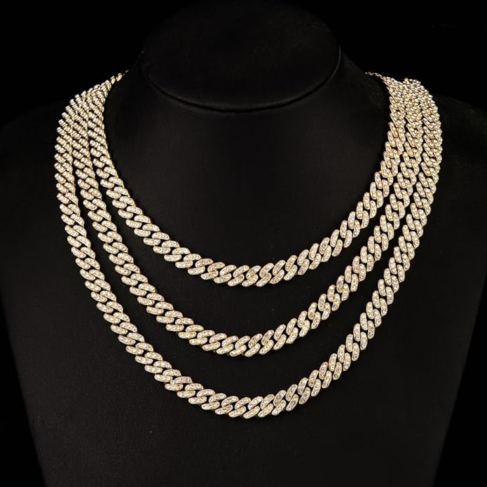 HH BLING EMPIRE 14k Gold/Silver Cuban Link Chain for Women Iced Out Diamond Chunky Cuban Link Necklace Chain Bracelet 2pcs Sets