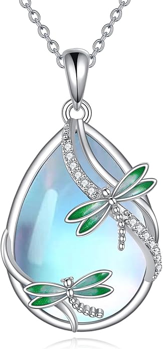 KQF Dragonfly/Butterlfy/Cat/Jellyfish/Bunny/Axolotl/Bee/Mermaid/Hummingbird/Elephant Necklace for Women Sterling Silver Moonstone Pendant Necklace Dragonfly Jewelry Gifts for Women
