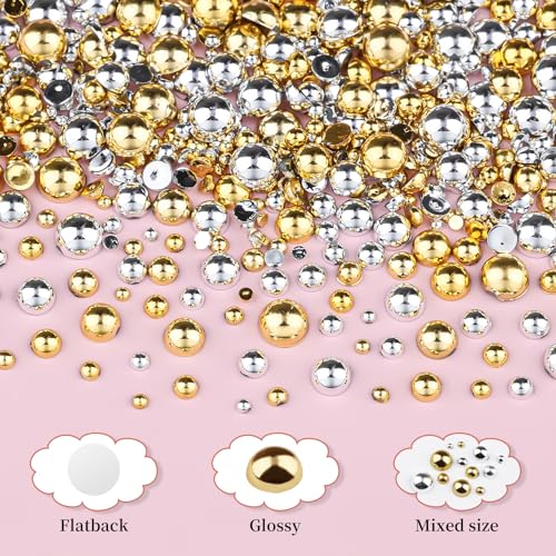 Gold and Silver Nail Charms and Gems, 1.5-5mm Half Round Flatback Nail Pearls Ball Beads Silver Gold Pearls for Nails with Pickup Pencil and Tweezers (12-K1-half-pearls-gold-silver) - color: 12-K1-half-pearls-gold-silver