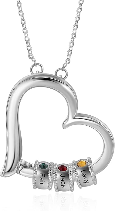 Personalized Women's Pendant Necklace 925 Sterling Silver with 1-5 Simulated Birthstone Names Customized Heart Shape Cubic Zirconia Necklace
