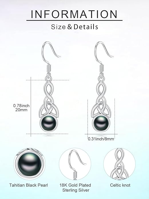 Tahitian Black Pearl Earrings Gifts for Women Wife Celtic Dangle Drop Earrings Wedding Birthday Anniversary Jewelry Valentines Christmas Day Gifts 925 Sterling Silver