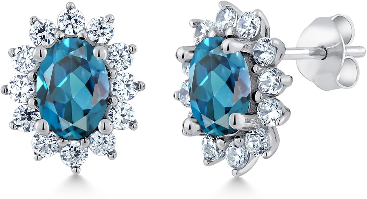 Gem Stone King 7X5MM Oval Gemstone Birthstone Stud Earrings For Women | Princess Diana Royal Halo Style | 925 Sterling Silver | Fine Jewelry Gifts for Anniversary Wedding Her Mom Women Wife