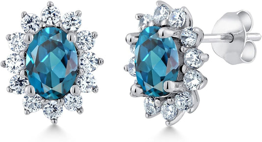 Gem Stone King 7X5MM Oval Gemstone Birthstone Stud Earrings For Women | Princess Diana Royal Halo Style | 925 Sterling Silver | Fine Jewelry Gifts for Anniversary Wedding Her Mom Women Wife