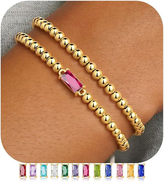 Ursteel Valentines Gifts for Her Kids Girls, Elastic Birthstone Bracelet for Women 14K-Gold-Plated Beaded Bracelet Non Tarnish Trendy Birthstone Jewelry Birthday Gifts for Women
