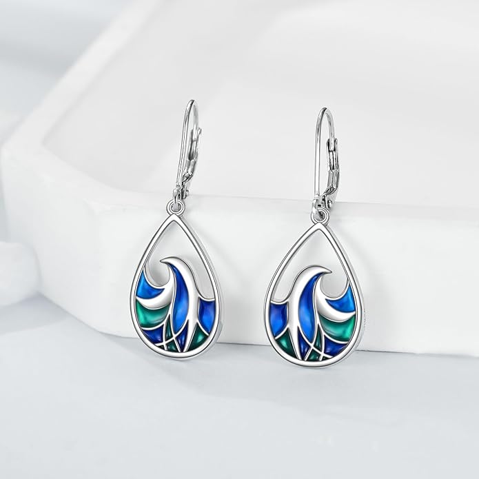 925 Sterling Silver Wave Leverback Dangle Earrings Enamel Leverback Earring Jewelry for Women Birthday Gifts