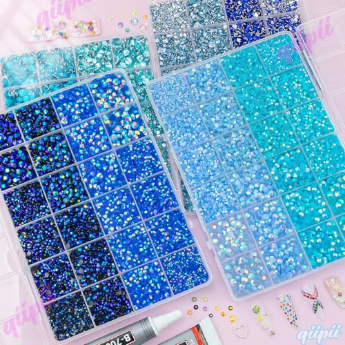 qiipii 8 Color 2-6mm Blue Jelly Resin Rhinestones w B7000 Jewelry Glue for Bedazzling Crafting Flatback Stones Gems Diamonds for Nails Face Eyes Makeup Tumblers Bottles DIY Crafts Clothes Shoes Phones - color: Light / Dark / Peacock Blue Series Rhinestone