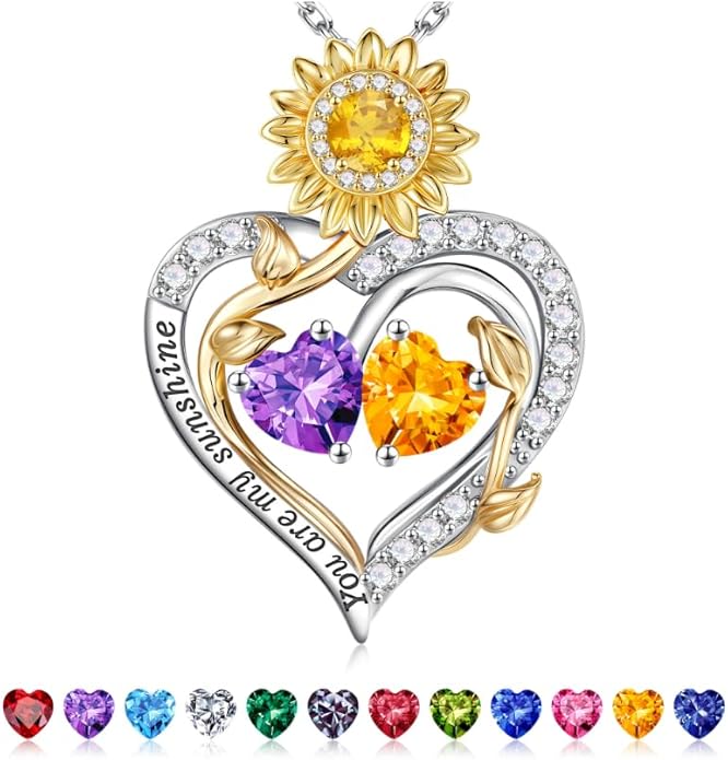 Iefil Valentines Day Gifts for Her - 925 Sterling Silver Sunflower Double Birthstone Necklace for Women, Anniversary Birthday Gifts for Wife, You Are My Sunshine Necklaces, Jewelry for Wife Mom