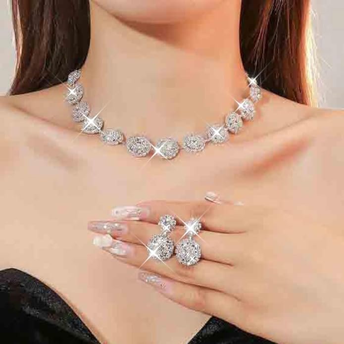Unicra Bridal Wedding Jewelry Set Silver Rhinestone Necklace Earrings Sets Formal Costume Jewelry for Women and Brides