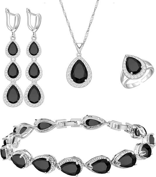 LMXXVJ Necklace Long Earrings Bracelet Set, White Gold Plated Created Blue Sapphire Jewelry Set Wedding Party Gift Jewelry for Women Bridal Bridesmaid