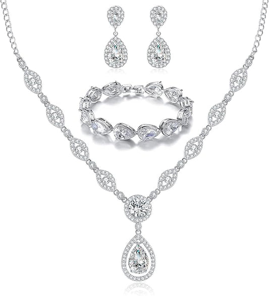 GULICX AAA Cubic Zirconia CZ Silver Plated Base Women's Party Jewelry Set Earrings Pendant Necklace