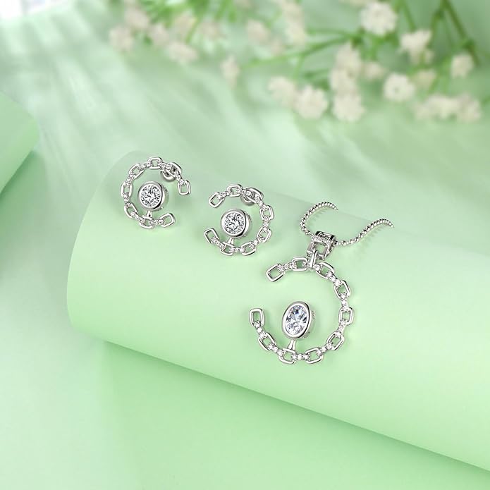 Elegant C-Shaped Crystal Necklaces/Stud Earrings Set with Birthstone Jewelry Set Silver Plated Fashion Jewelry for Women CS0003