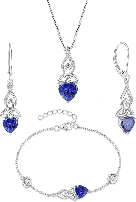 Infinity Celtic Knot Jewelry Set for Women 925 Sterling Silver Irish Necklace Tanzanite Dangle Drop Leverback Earrings and Bracelet December Birthstone Jewelry Gifts for Her