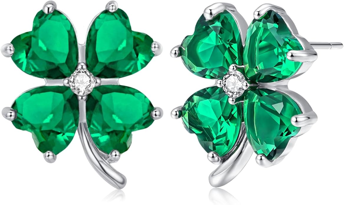 VONSSY Four Leaf Clover Necklace Earrings Shamrock Irish ST Patricks Jewelry Set Gift 18k Gold Plated Green Emerald Zircon Diamond Crystal Lucky Saint Pendant for Woman Wife Girlfriend Mom