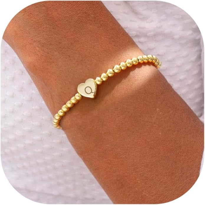 Valentines Day Gifts for Women Her - Dainty Beaded Heart Initial Bracelets Letter A-Z Charm Stretch Bead Ball Bracelet Trendy Jewelry Gifts