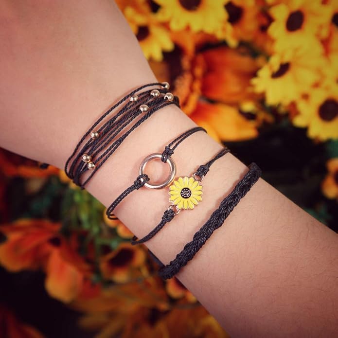 FANCY SHINY Sunflower String Bracelet Boho Braided Rope Wrap Bracelets Cute Summer Beach Surfer Jewelry for Women