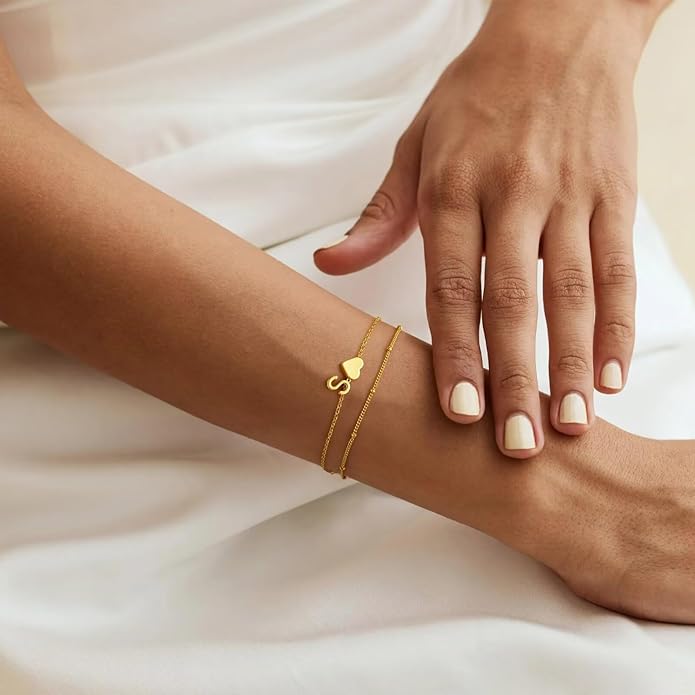 M MOOHAM Valentines Day Gifts for Kids Teen Girls -14K-Gold-Plated Heart Initial A-Z Bracelets for Women Girl Dainty Gold Bracelets Birthday Valentines Gifts for Women Her Teenage Girls Kid Teen Gift