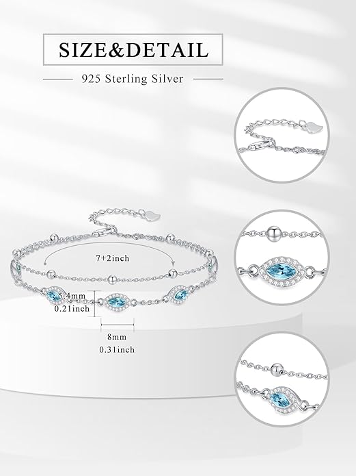 Evil Eye Birthstone Charm Link Bracelet 925 Sterling Silver Evil Eye Bracelet with 12 Months Birthstone Birthday Jewelry Gifts for Women Mom Her,Chain Length 7"+2" Extend