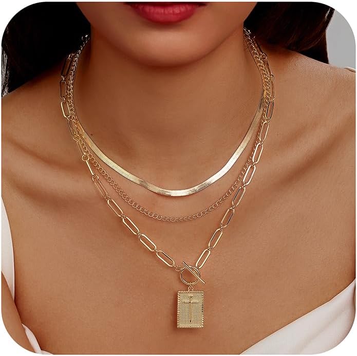 Evabelle Gold Layered Necklace for Women Trendy Jewelry 14K Real Gold Plated Chunky Chain Stackable Necklaces Dainty Choker Necklaces Rectangle Square Pendant