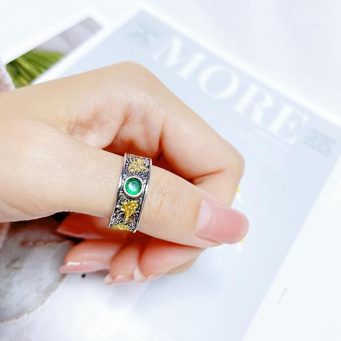 Women Tree of Life Lucky Flower Wide Band Ring Gold Pink Opal Green Enamel Resin Plated Dainty Tree Rhinestone Statement Thumb Index Full Finger Chunky Ring Party Crystal Vintage Jewelry