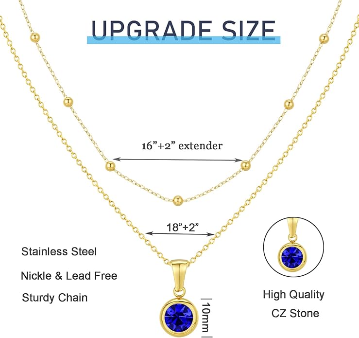 14K Gold-Plated Women's Double-Layer Birthstone Necklace Delicate Round Birthstone Pendant with a Simple Necklace, a Birthday Gift for Women Teenage Girls