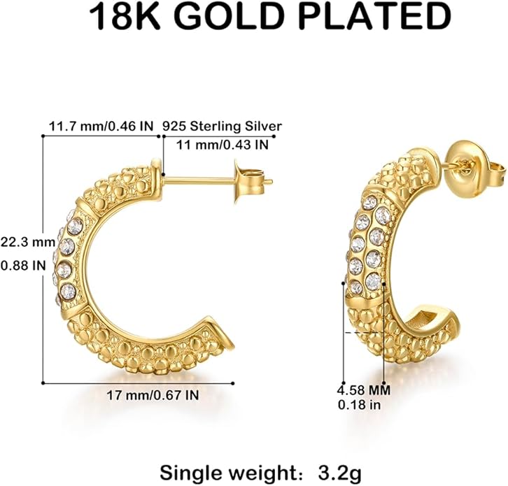 Gold Earrings for Women Girls,14K Gold Plated Hoop Earrings with 925 Sterling Silver Post Cubic Zirconia Stud Earring Huggie Hoops Earrings