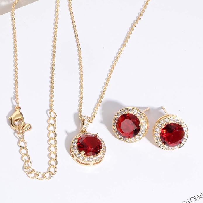 Bridal Crystal Jewelry Set - Sterling Silver Round Cubic Zirconia CZ Rhinestone Halo Birthstone Pendant Necklace Stud Earrings Set for Wedding Bride Bridesmaids Birthday Gift