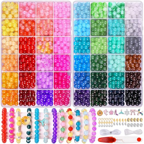 1711pcs 8mm Glass Beads for Jewelry Making - 48 Colors Crystal Glass Beads for Bracelets, Round Beads Friendship Bracelet Making Kit DIY Crafts for Adults - color: Solid Color