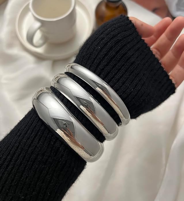 Chunky Gold Bangle Bracelets for Women, Dainty 14k Gold Plated Big Stackable Bangles Set, Trendy Cuff Bracelet Stack Fashion Jewelry Gifts