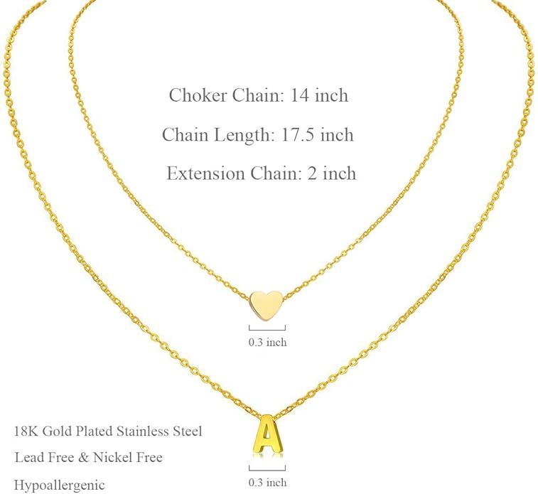 MOMOL 18K Gold Plated Stainless Steel Layered Heart Initial Necklace Personalized Tiny Letter Choker Necklace Monogram Name Necklace for Women