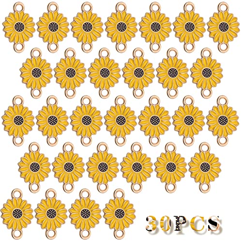 30pcs Enamel Flower Charms Connectors Links Yellow Alloy Floral Sunflower Daisy Flower Dangle Pendants with Double Loops for DIY Bracelet Earring Necklace Jewelry Making