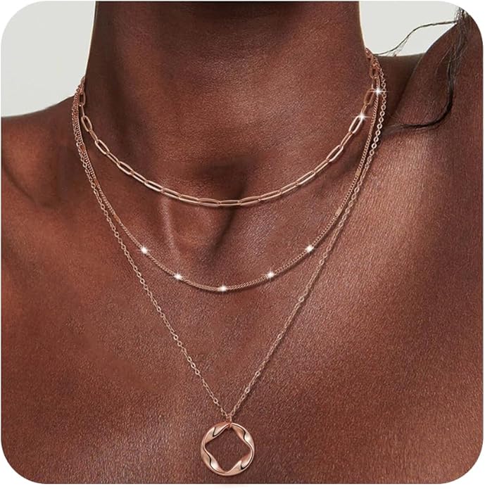 3Pcs Layered Necklace for Women Stackable Necklaces Silver Rosegold Gold Plated Chain Dainty Set Gifts Circle Pendant Paperclip Chain Choker Necklaces Trendy Personalized Jewelry Set Gifts for Women