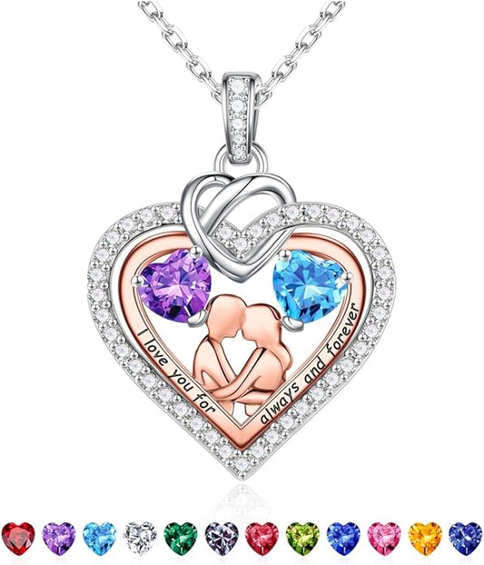 Iefil Valentines Day Gifts for Her - 925 Sterling Silver Double Heart Birthstone Necklace for Women, Anniversary Birthday Gifts for Wife I Love You Gift Couple Sitting Hugging Each Other Jewelry Gift