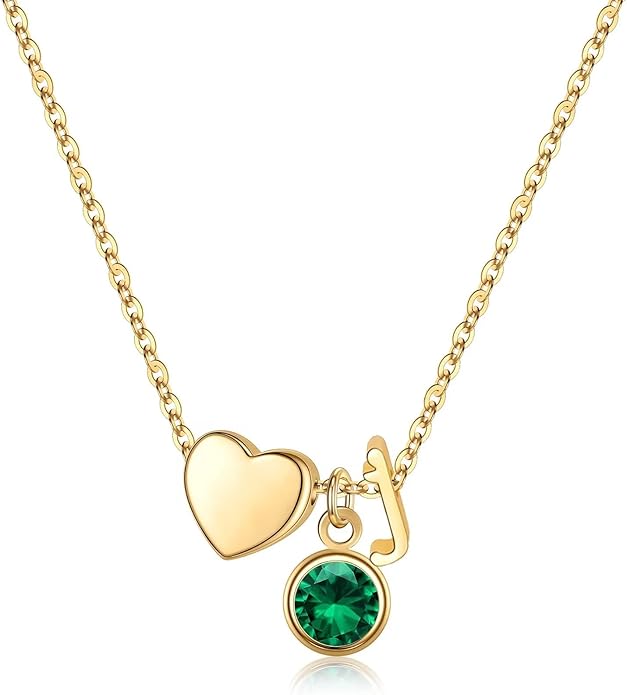 Ursilver Initial Birthstone Necklace for Women - Heart Initial Birthstone Pendant Necklace Personalized Gifts Birthday Gifts for Women