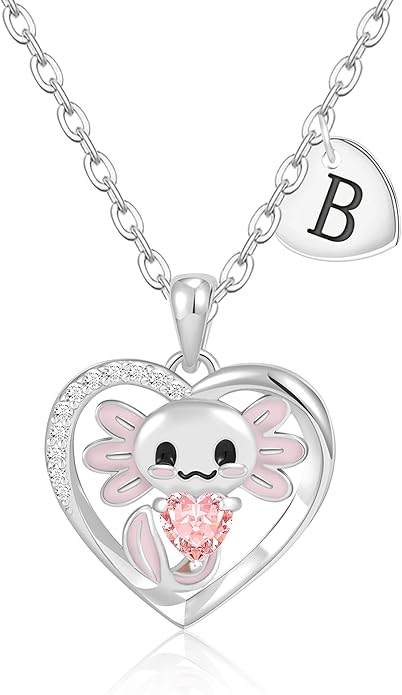 C-leen Axolotl Valentines Day Gifts for Her, 14K Gold Plated Axolotl Initial Necklace Cute Heart Initial Pendant Necklaces Birthday Valentines Day Gifts for Kids Girls Women