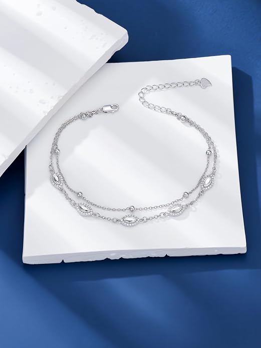 Evil Eye Birthstone Charm Link Bracelet 925 Sterling Silver Evil Eye Bracelet with 12 Months Birthstone Birthday Jewelry Gifts for Women Mom Her,Chain Length 7"+2" Extend