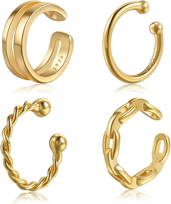 CHIC & ARTSY 925 Sterling Silver Ear Cuffs for Women, Non Piercing Clip On Cartilage Cuffs, Adjustable Fake Conch & Helix Earrings, Gold Plated & Oxidized Various Styles