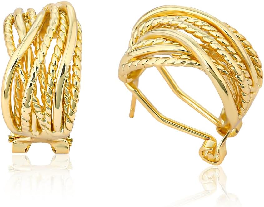 Mytys Two Tone Huggie Hoop Earrings Cross Over Design Twisted Rope Silver Gold Statement Wide Band Clip On Hoops for Women Fashion Jewelry Gift