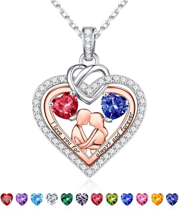 Iefil Valentines Day Gifts for Her - 925 Sterling Silver Double Heart Birthstone Necklace for Women, Anniversary Birthday Gifts for Wife I Love You Gift Couple Sitting Hugging Each Other Jewelry Gift