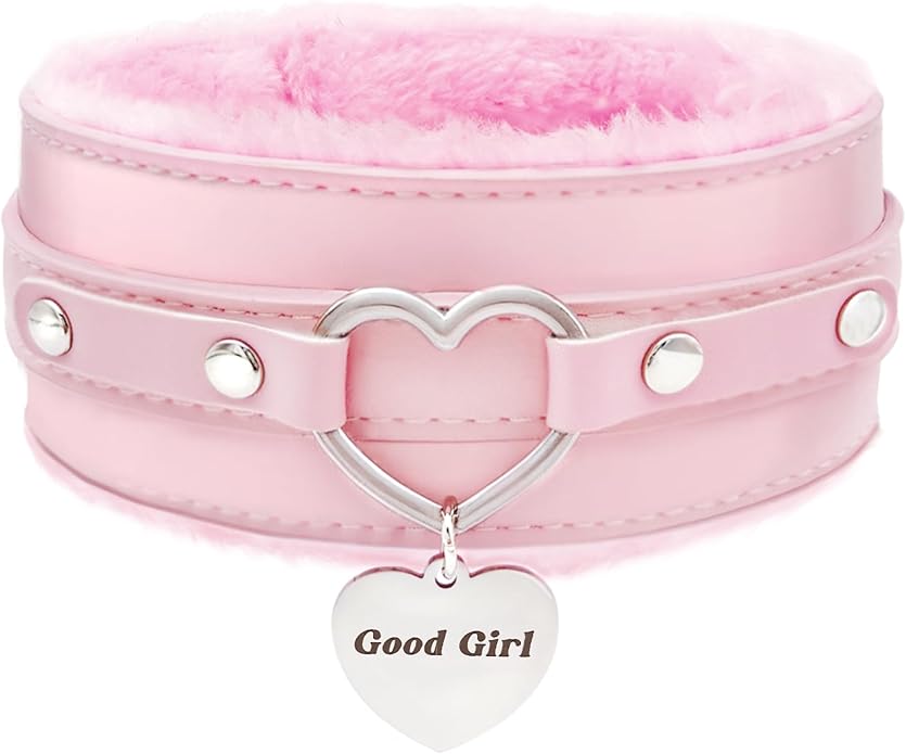 paloli Furry Heart Leather Choker Collar for Women – Personalized Engraved Heart Pendant, Handmade Adjustable Faux Fur Necklace, Cute Gothic Fashion Jewelry