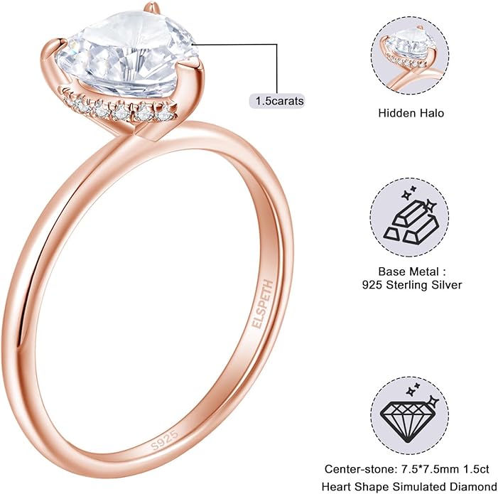 Elspeth 925 Sterling Silver Heart Engagement Ring for Women Heart Cut Cubic Zirconia Promise Ring Size 4-10