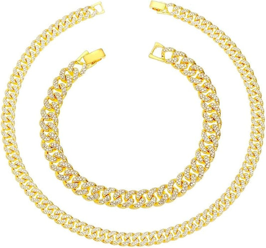 HH BLING EMPIRE 14k Gold/Silver Cuban Link Chain for Women Iced Out Diamond Chunky Cuban Link Necklace Chain Bracelet 2pcs Sets