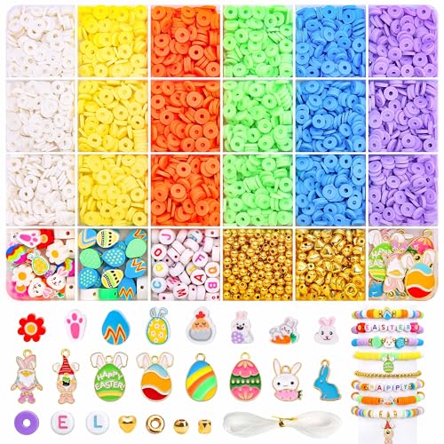 BONNY BOXX 3600PCs Easter Day Clay Beads Set, Flat Round Disc Heishi Polymer Clay Beads with Letter Beads & Charms for Friendship Bracelet Making, Easter Basket Stuffer for DIY Crafts Birthday Gifts - color: Clay Beads Set - 004
