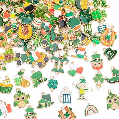 MARFOREVER 120 PCS St. Patrick's Day Charms, Green Shamrock Charms for Jewelry Making, Assorted Gold Enamel Irish Hat Coins Beer Gnome Charm Pendants for Bracelet Necklace Earrings Making Supplies - style: St Patricks Day