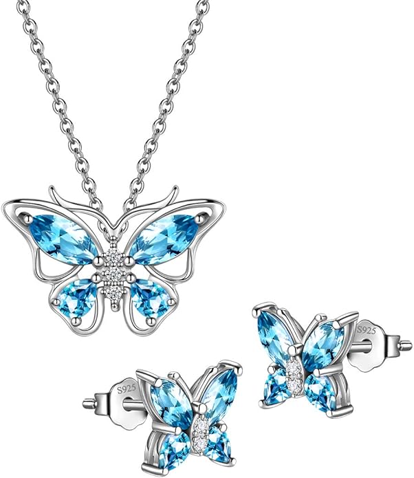 925 Sterling Silver Birthstone Butterfly Jewelry Women Crystal Animal Cute Butterflies Birthday Necklace/Earring/Ring/Bracelet Sets Birth Stone Statement Anniversary Jewellery