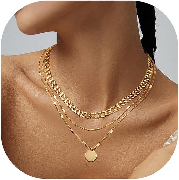 Evabelle Gold Layered Necklace for Women Trendy Jewelry 14K Real Gold Plated Chunky Chain Stackable Necklaces Dainty Choker Necklaces Rectangle Square Pendant