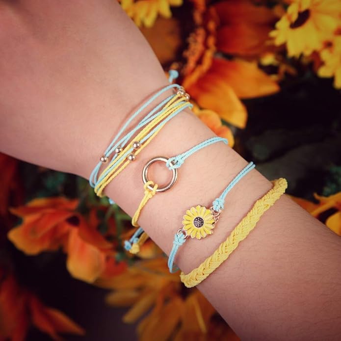 FANCY SHINY Sunflower String Bracelet Boho Braided Rope Wrap Bracelets Cute Summer Beach Surfer Jewelry for Women
