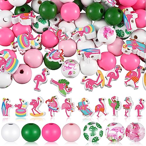 Tradder 200 Pcs Summer Flamingo Beach Beads Set Tropical Round Wood Charms with Swim Rings, Surfboards, Palm Leaves for DIY Jewelry, Pool Party Favors, Hawaiian Crafts & Home Decor - style: Flamingo