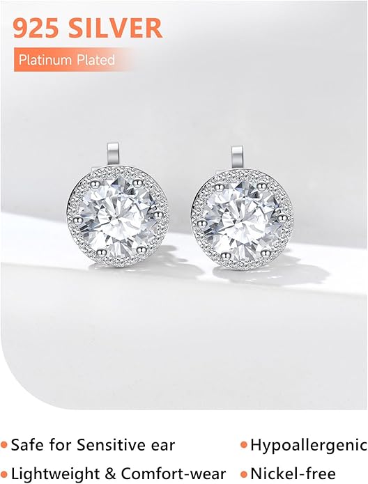 Silvora 925 Silver 8MM Cubic Zirconia Birthstone Clip On Stud Earrings Round Non Pierced Earrings For Women,Come with Box