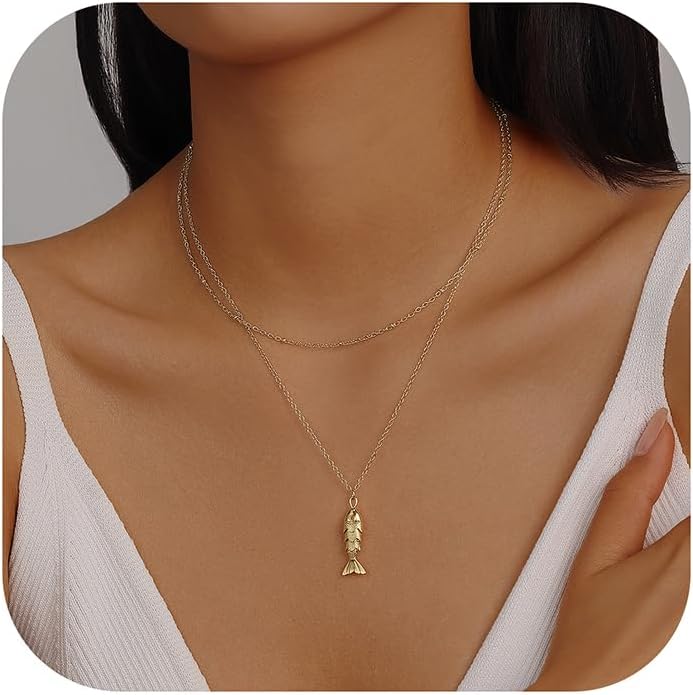 Evabelle Gold Layered Necklace for Women Trendy Jewelry 14K Real Gold Plated Chunky Chain Stackable Necklaces Dainty Choker Necklaces Rectangle Square Pendant